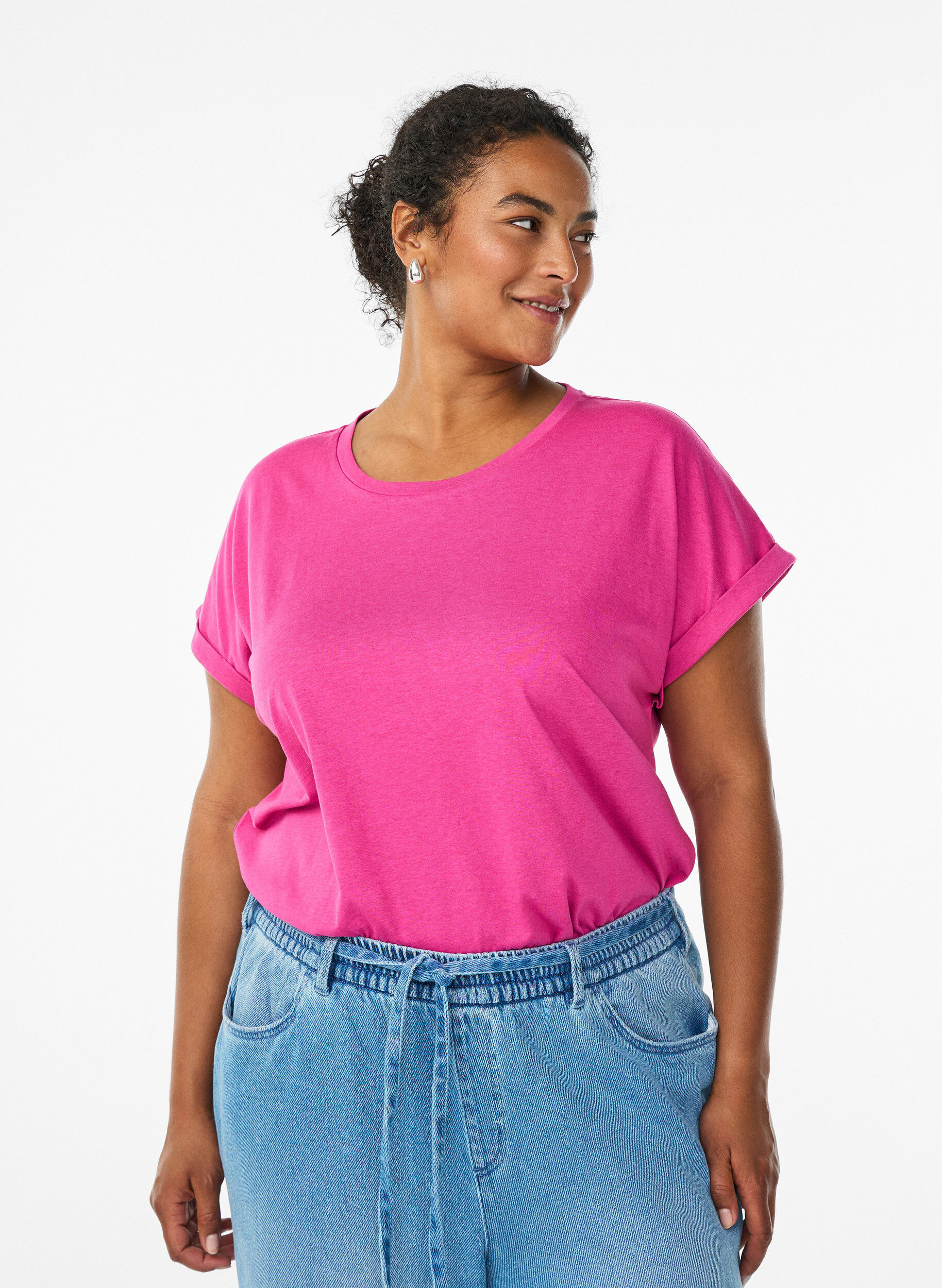 Kort&auml;rmad t-shirt i bomullsblandning, Rosa, Model