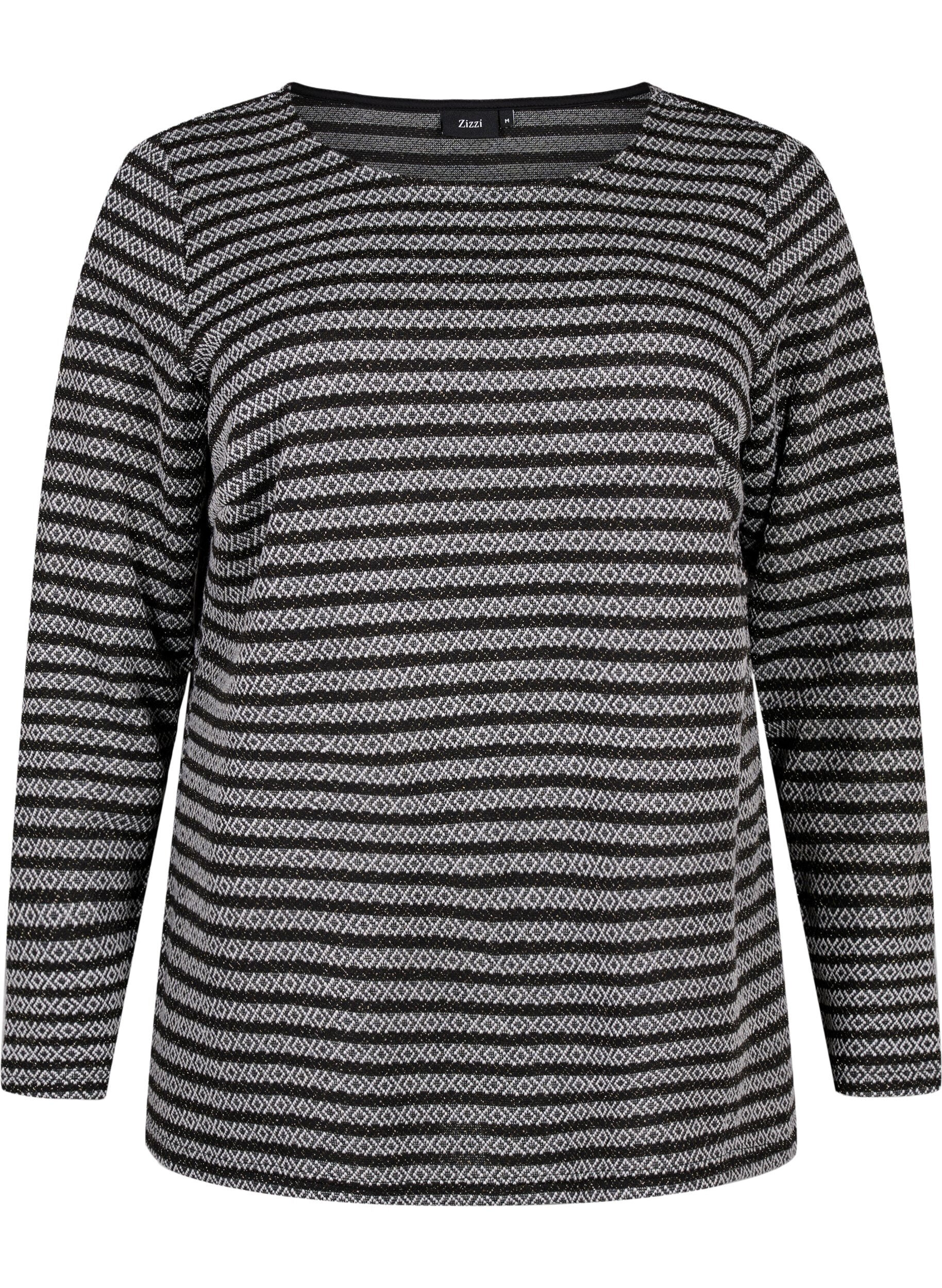 Zizzi Rundhalsad blus med randigt m&ouml;nster, Black Stripe, Packshot image number 0