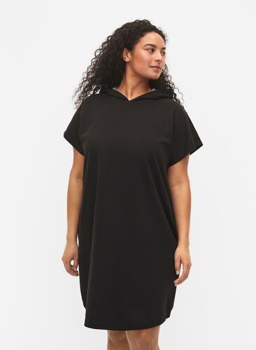 Kortärmad swetshirtklänning med huva, Black, Model image number 0