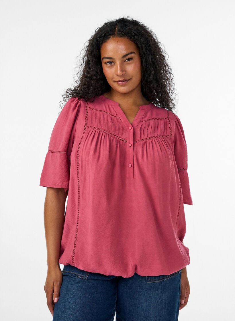 Blus i viskos med str&aring;veck och ballongeffekt, Rosa, Model image number 0