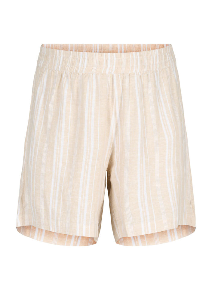 Randiga shorts i linne- och viskosblandning, Beige, Packshot image number 0