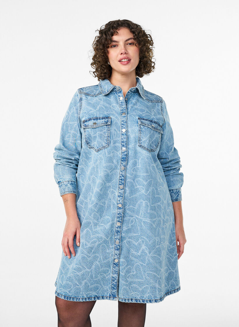 Jeansklänning med hjärtmönster, Blå, Model image number 0