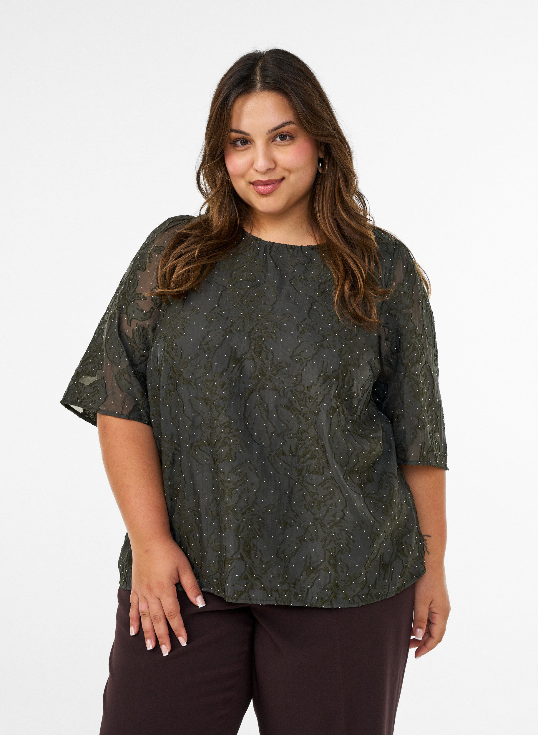 ZizziJacquardblus med glittriga detaljer och puff&auml;rmar, Gr&ouml;n, Model image number 0