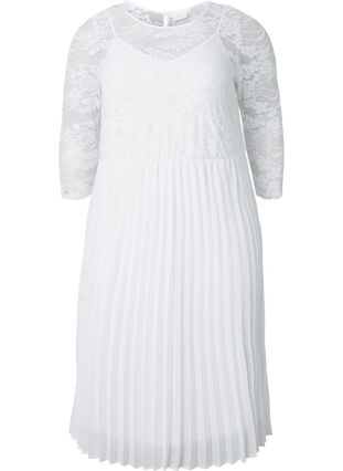 Plisserad klänning med spets och 3/4-ärmar, Bright White, Packshot image number 0