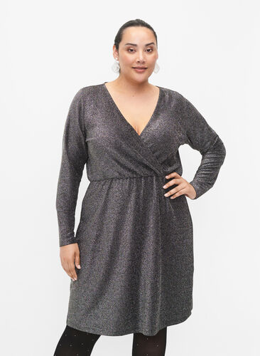 Glitterklänning med omlott och långa ärmar, Black Silver, Model image number 0