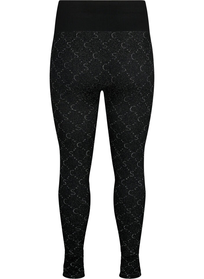 Sömlösa leggings med silverfärgat mönster, Black, Packshot image number 1