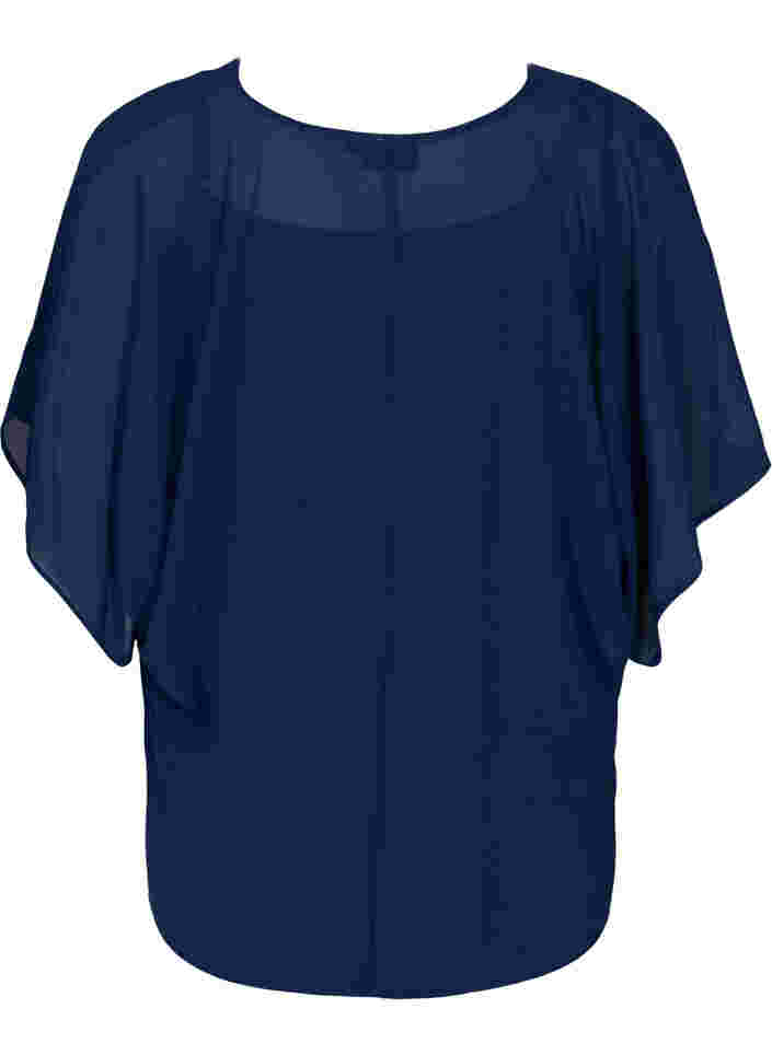 Mönstrad blus med knytband och korta ärmar, Navy Blazer, Packshot image number 1