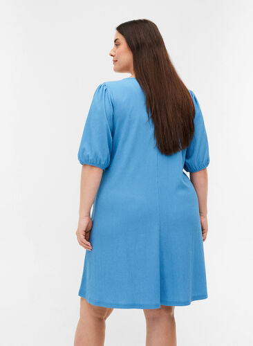 Klänning med puffärmar och v-ringad hals, Azure Blue, Model image number 1