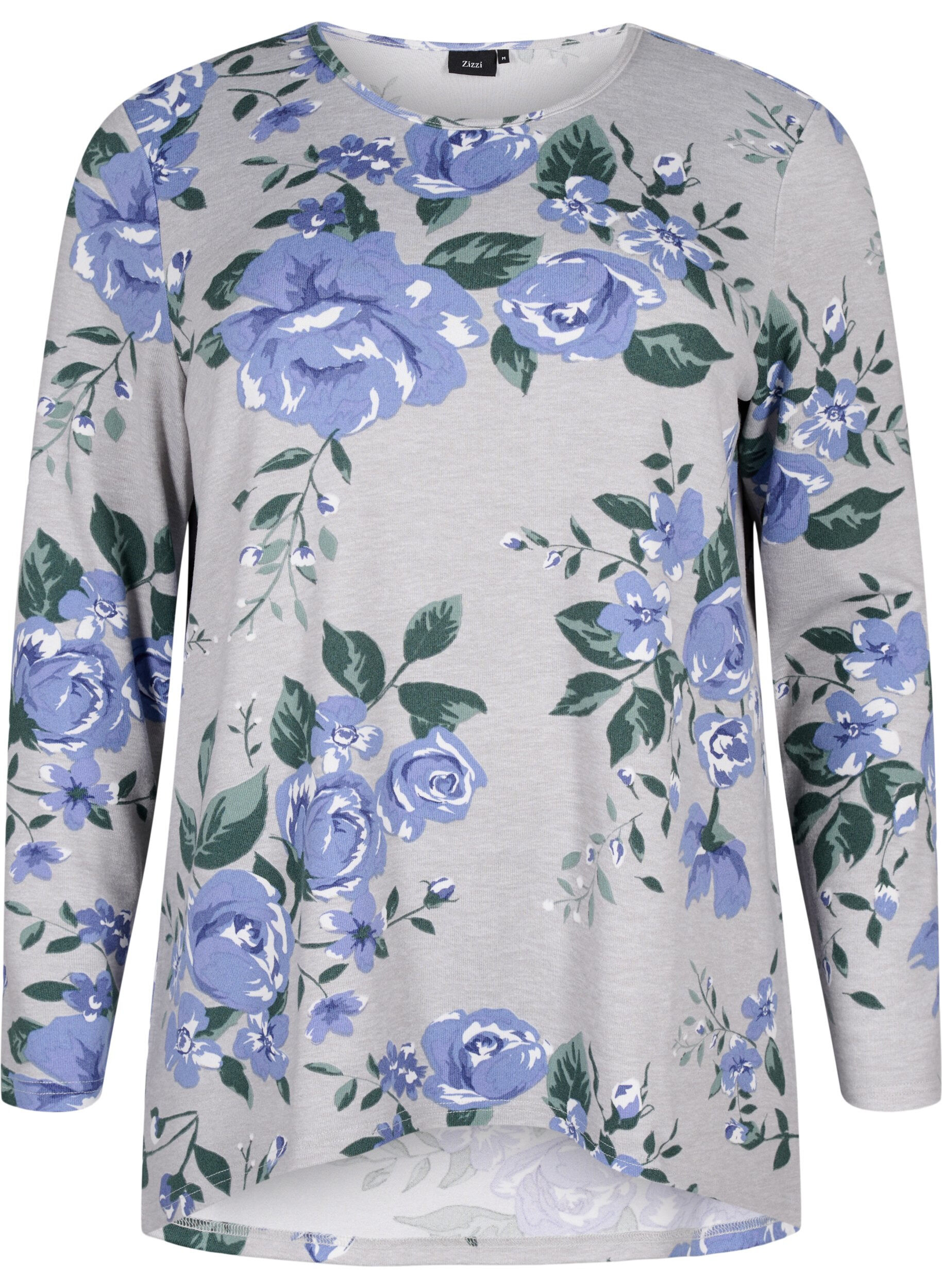 Zizzi Blommig blus med l&aring;nga &auml;rmar, Bl&aring;, Packshot image number 0