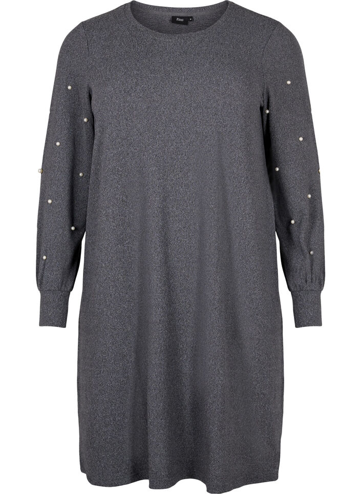 Långärmad klänning med pärldetaljer, Dark Grey Melange, Packshot image number 0