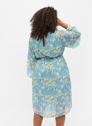 Plisserad klänning med mönster och knytband, Cameo Blue Flower, Model image number 1