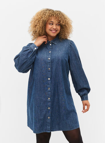 Denim skjortklänning i bomull, Dark blue denim, Model image number 0