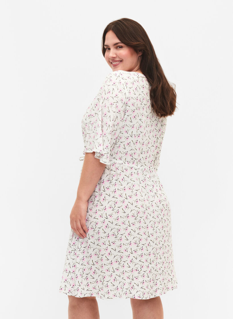 Klänning med halvlång ärm och blommigt tryck i viskos, White Purple Flower, Model image number 1