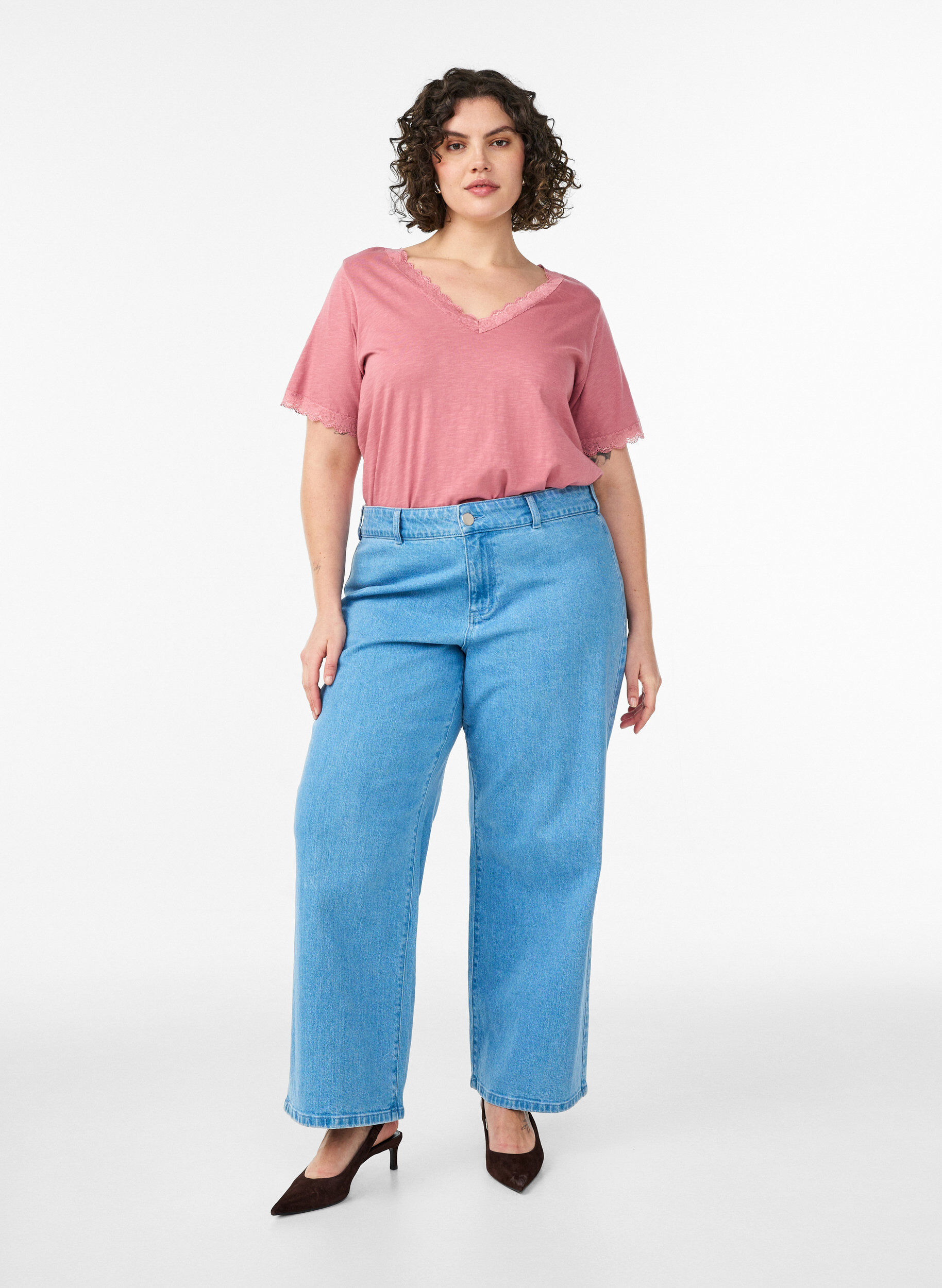 Zizzi T-shirt med spetskant, Rosa, Model image number 1