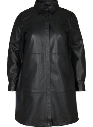 Lång skjortjacka i läder, Black, Packshot image number 0