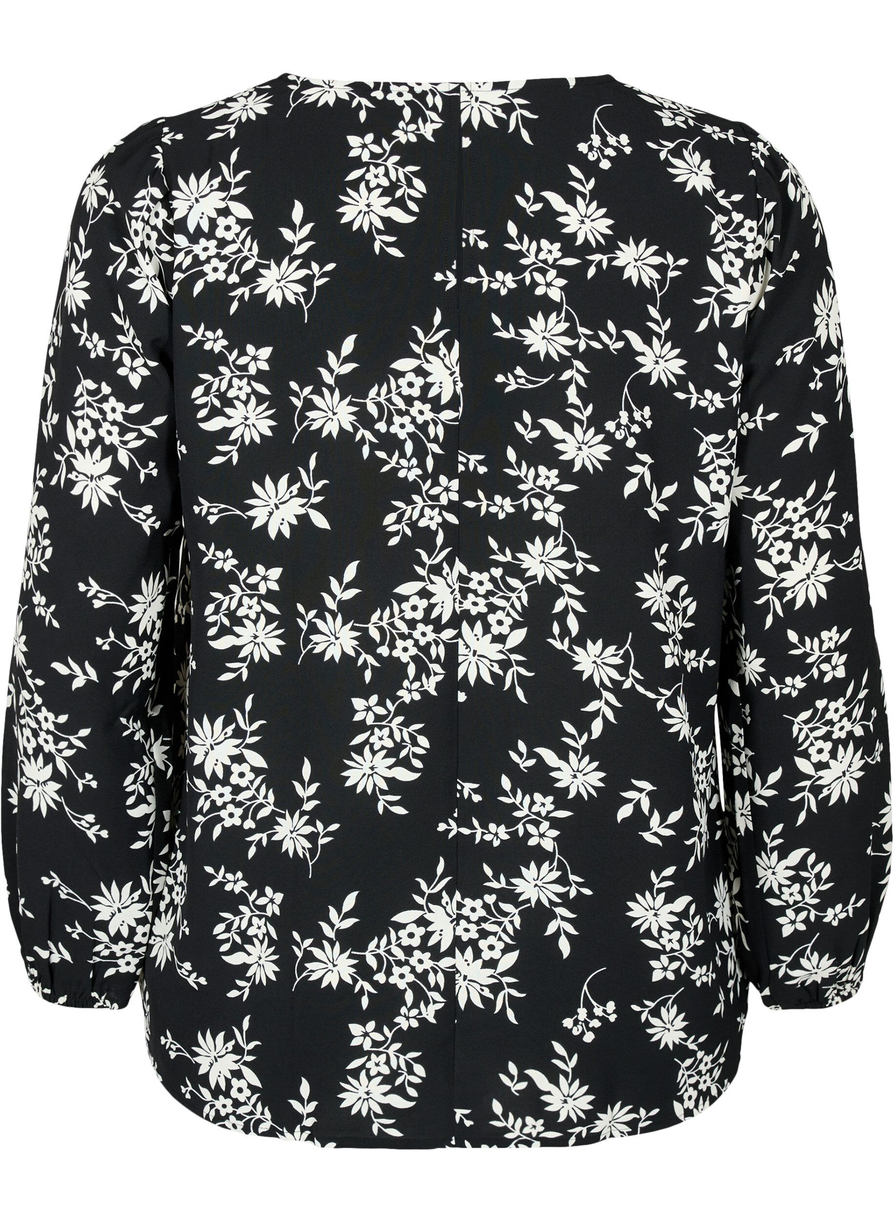 Zizzi Blus med puff&auml;rm, Black Flower AOP, Packshot image number 1