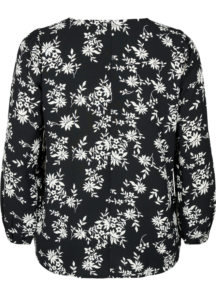 Blus med puff&auml;rm, Black Flower AOP, Packshot image number 1