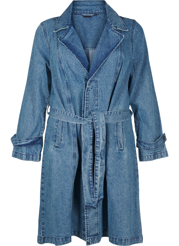 Trenchcoat i denim med bälte, Blue Denim, Packshot image number 0