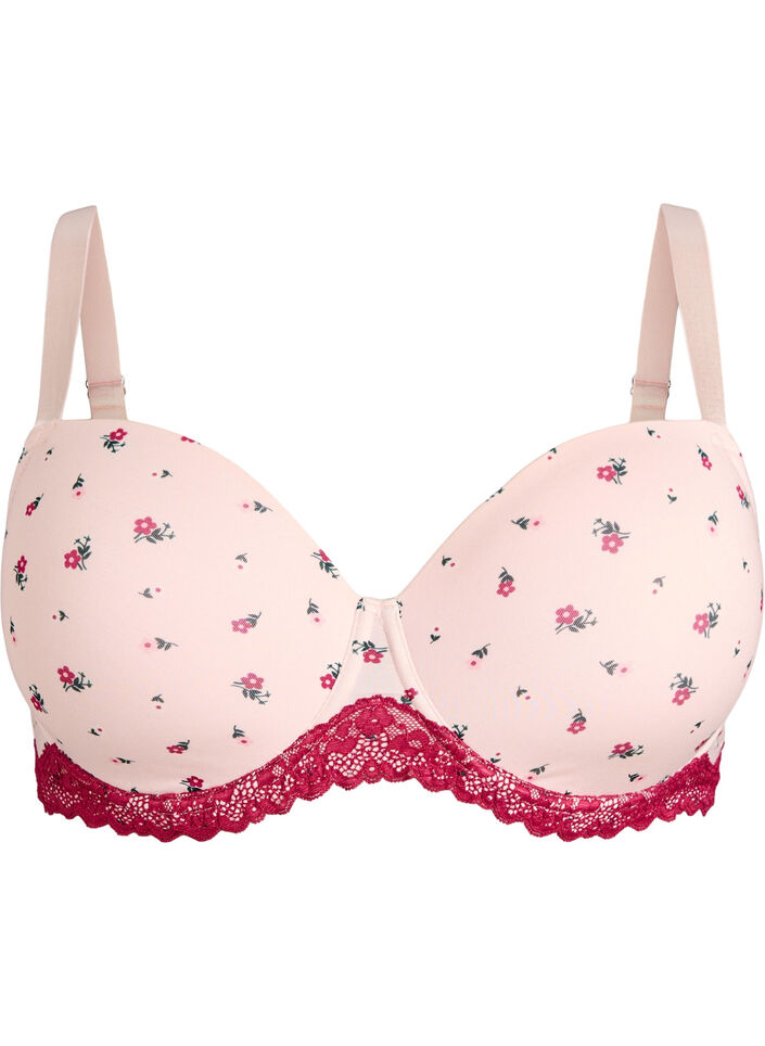 Formpressad BH med blommigt m&ouml;nster och spets, Rosa, Packshot image number 0