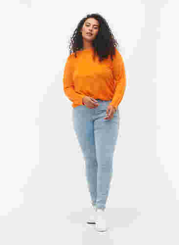 Stickad tröja med struktur och rund hals, Vibrant Orange, Model image number 2