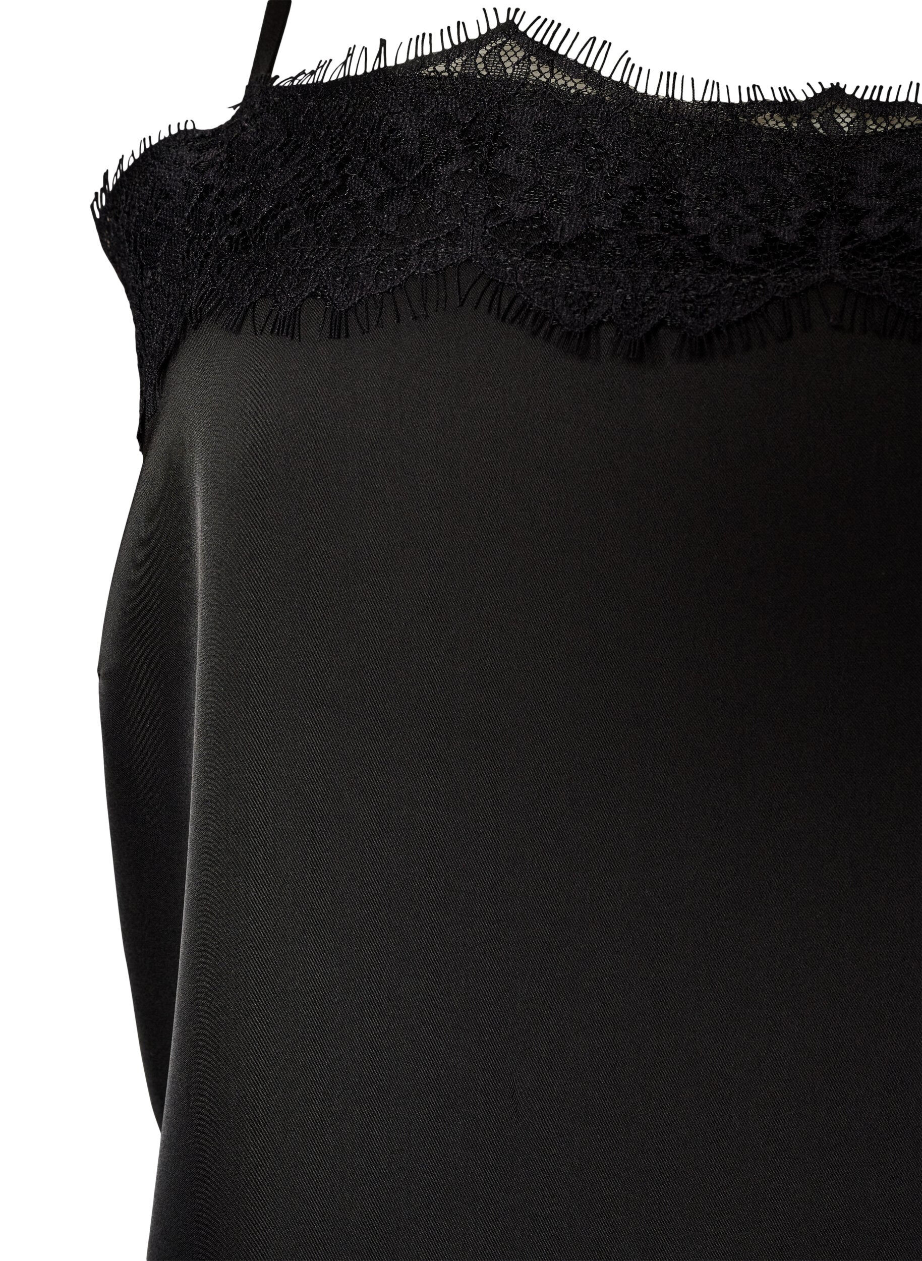 ZizziL&aring;ng topp i satin med spetskanter, Svart, Packshot image number 2