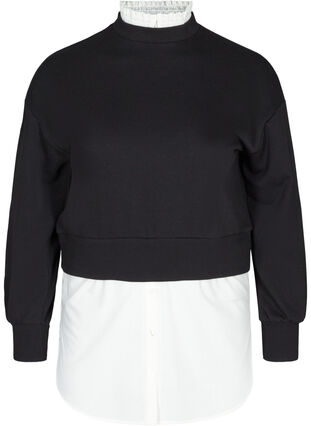 Sweatshirt med fastsydd skjorta, Black, Packshot image number 0