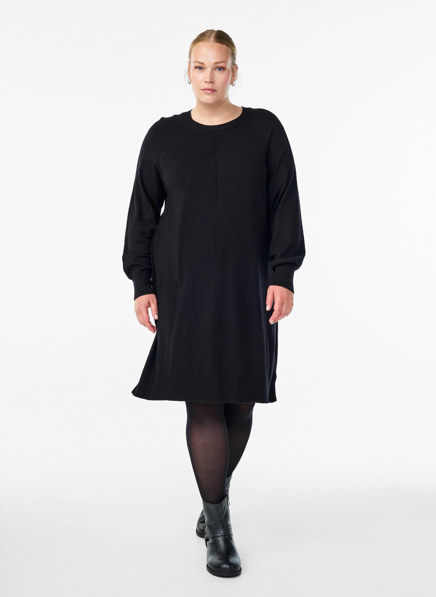 ZizziStickad kort kl&auml;nning med raglan&auml;rm och mitts&ouml;m, Svart, Model image number 1
