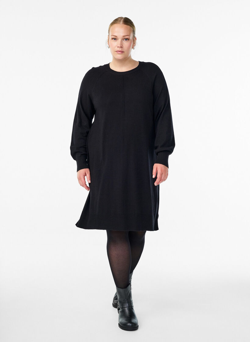 Stickad kort kl&auml;nning med raglan&auml;rm och mitts&ouml;m, Svart, Model image number 1