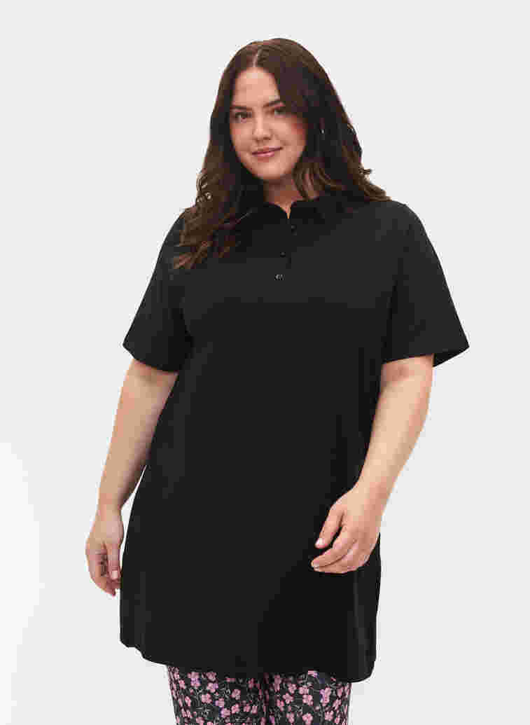 Tunika i bomull med krage och korta ärmar, Black, Model image number 0