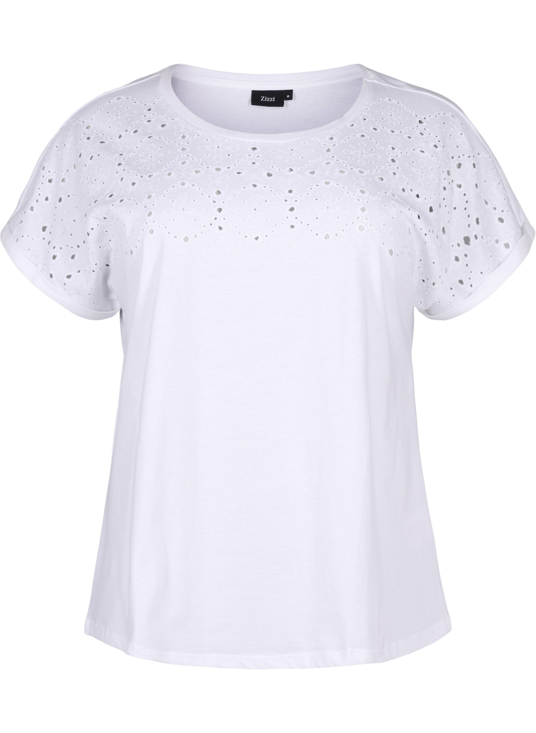 Zizzi T-shirt i ekologisk bomull med engelsk brodyr, Bright White, Packshot image number 0