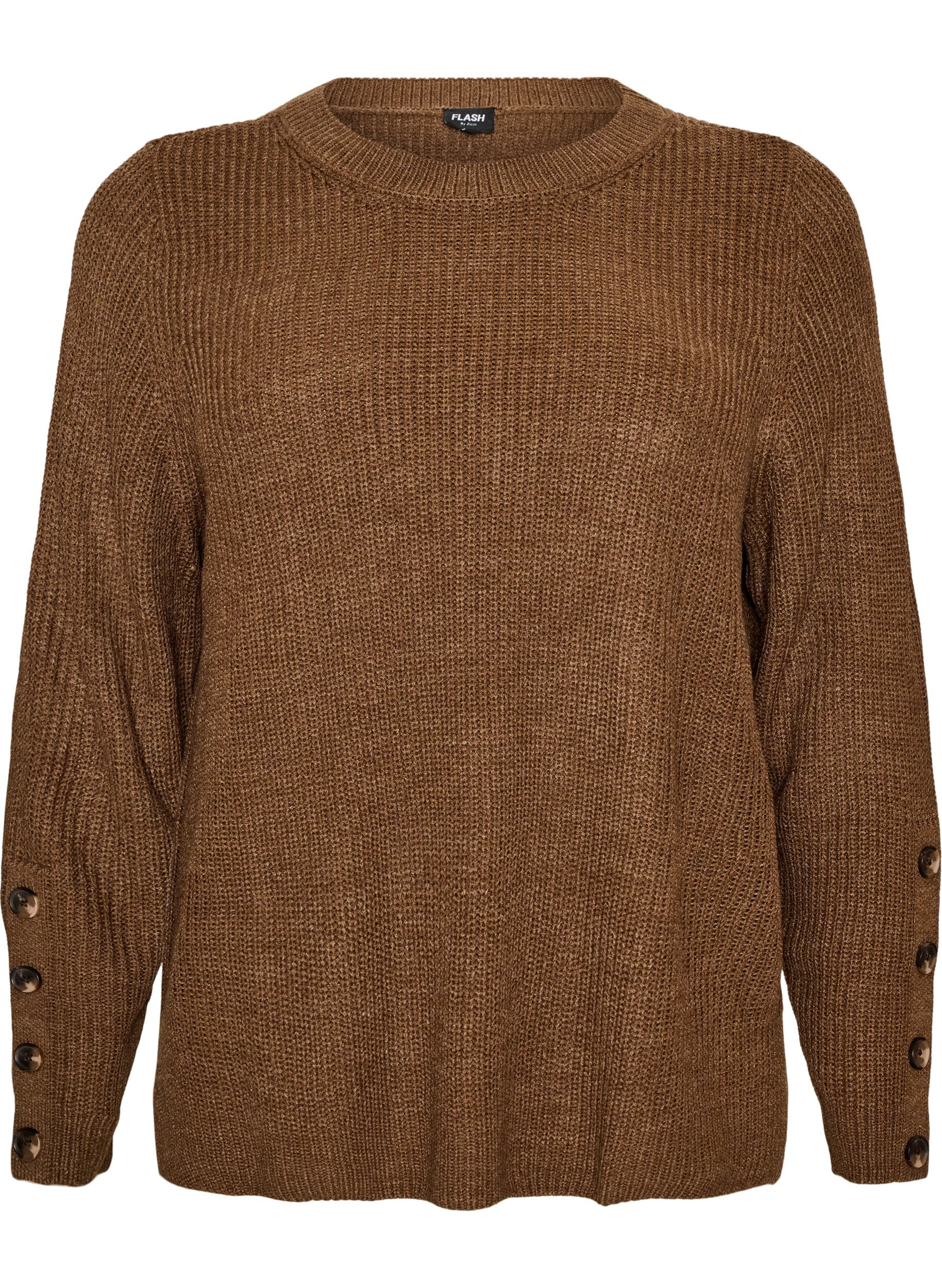 ZizziStickad blus med ribbstruktur och knappdetaljer, Brun, Packshot image number 0