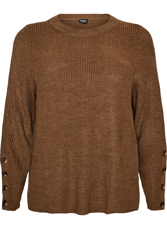 Stickad blus med ribbstruktur och knappdetaljer, Brun, Packshot image number 0