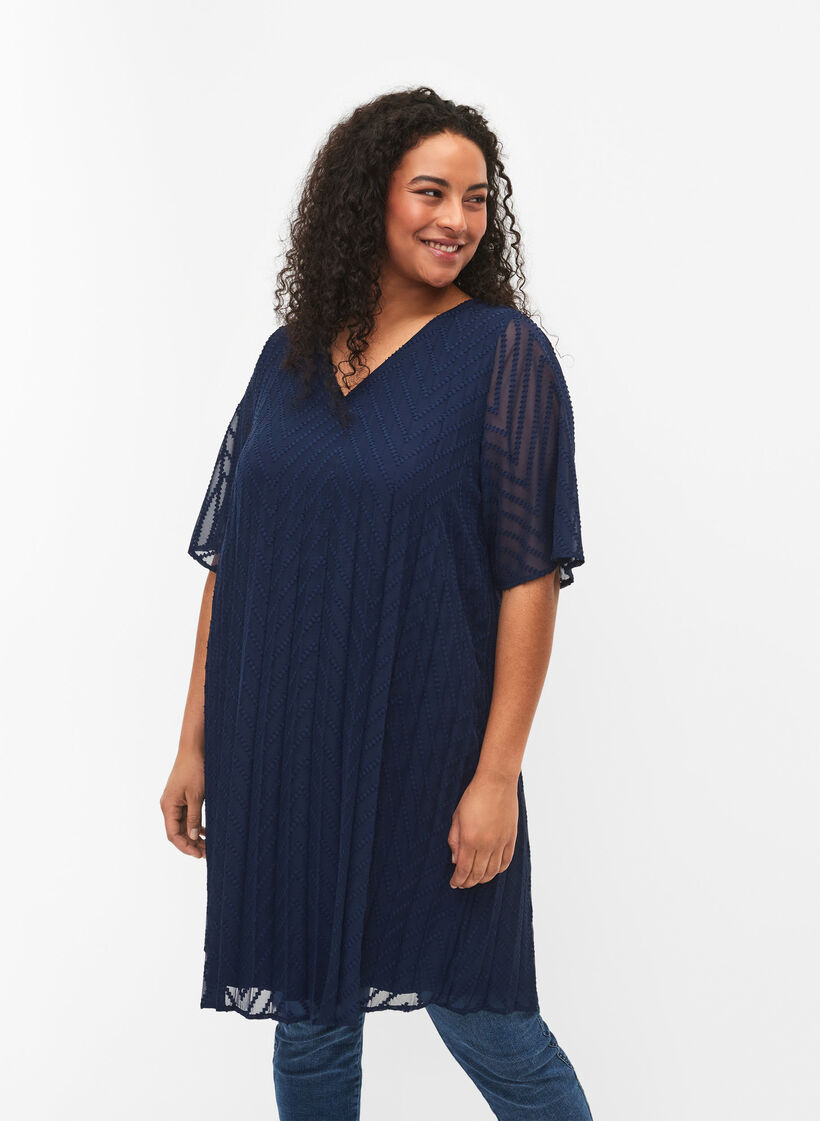 Kortärmad klänning med struktur, Navy Blazer, Model image number 0