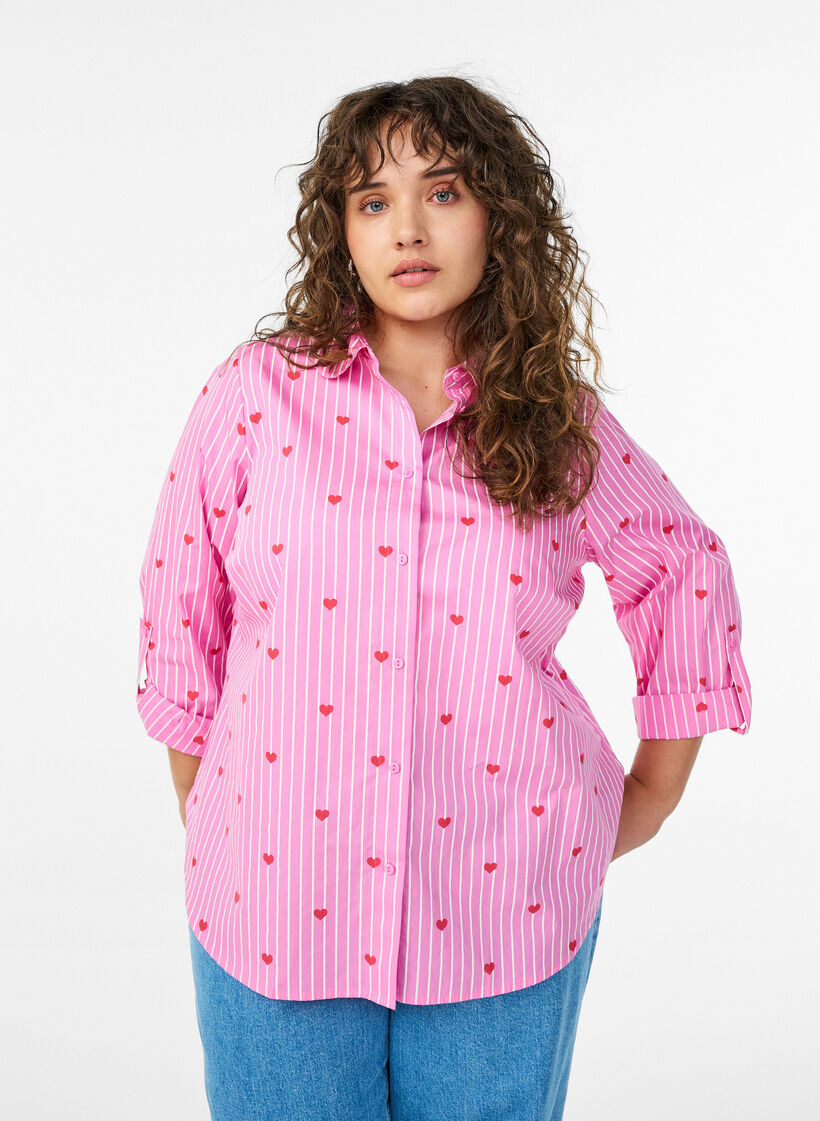 Skjortblus med r&auml;nder och hj&auml;rtan, Rosa, Model image number 0