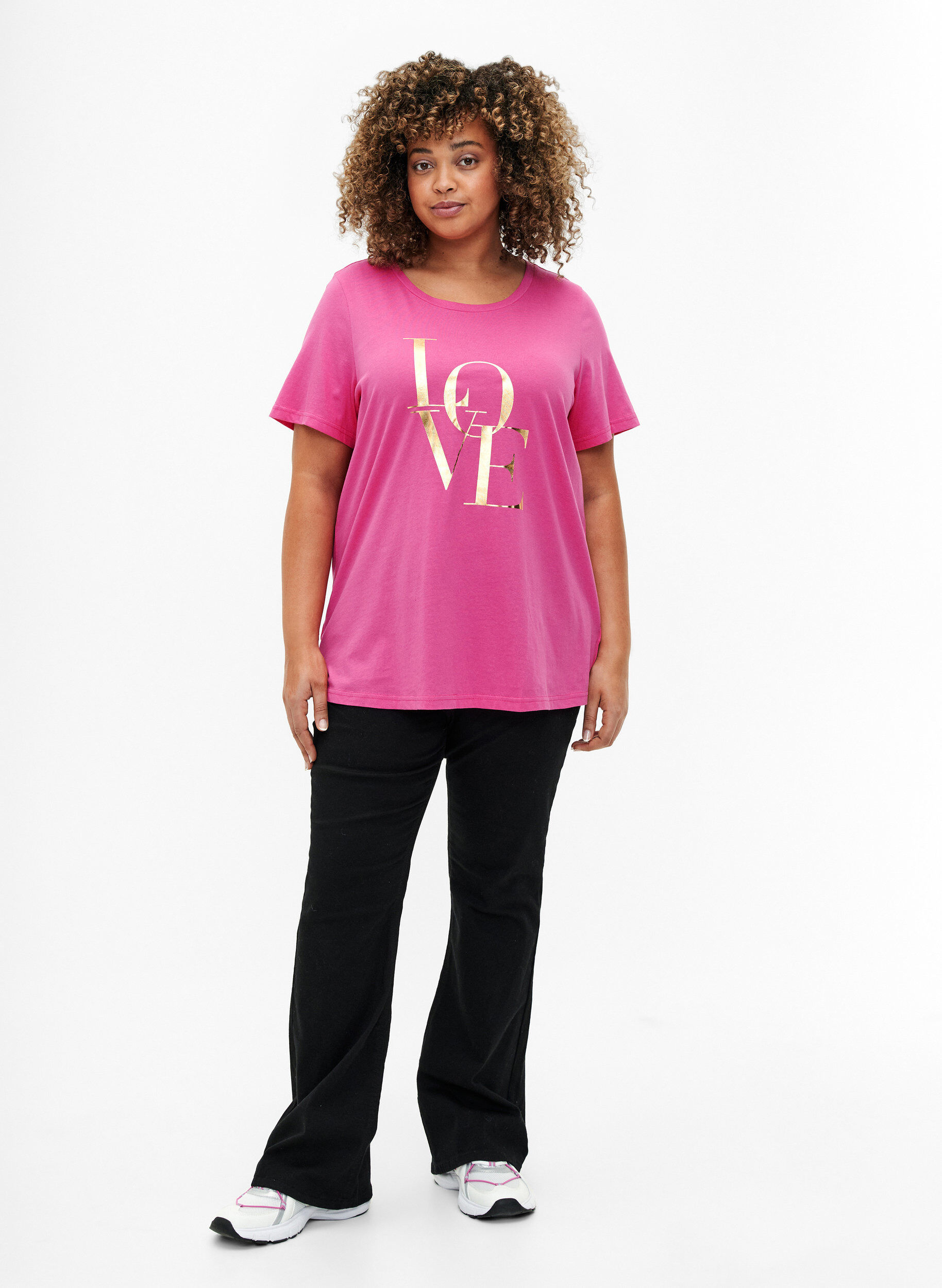 Zizzi T-shirt i bomull med guldf&auml;rgad text, R.Sorbet w.Gold Love, Model image number 2