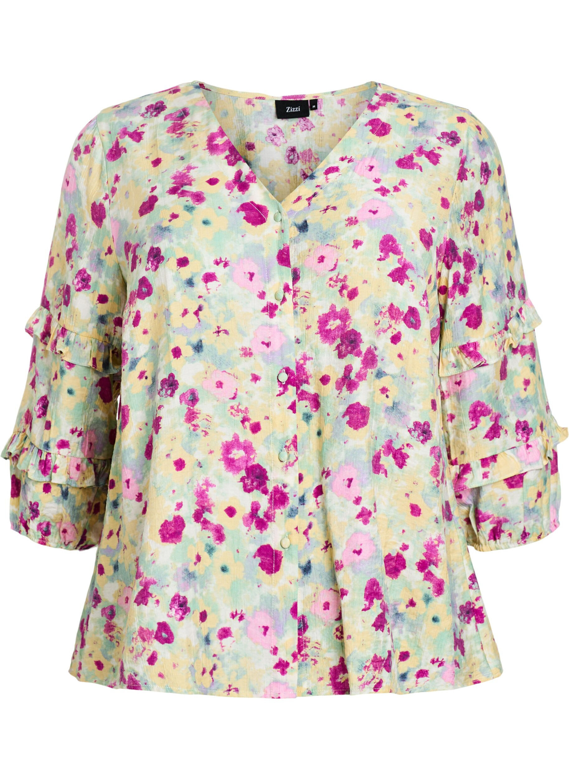 Zizzi Blus med volangdetaljer och blommigt tryck, Vanilla, Packshot image number 0