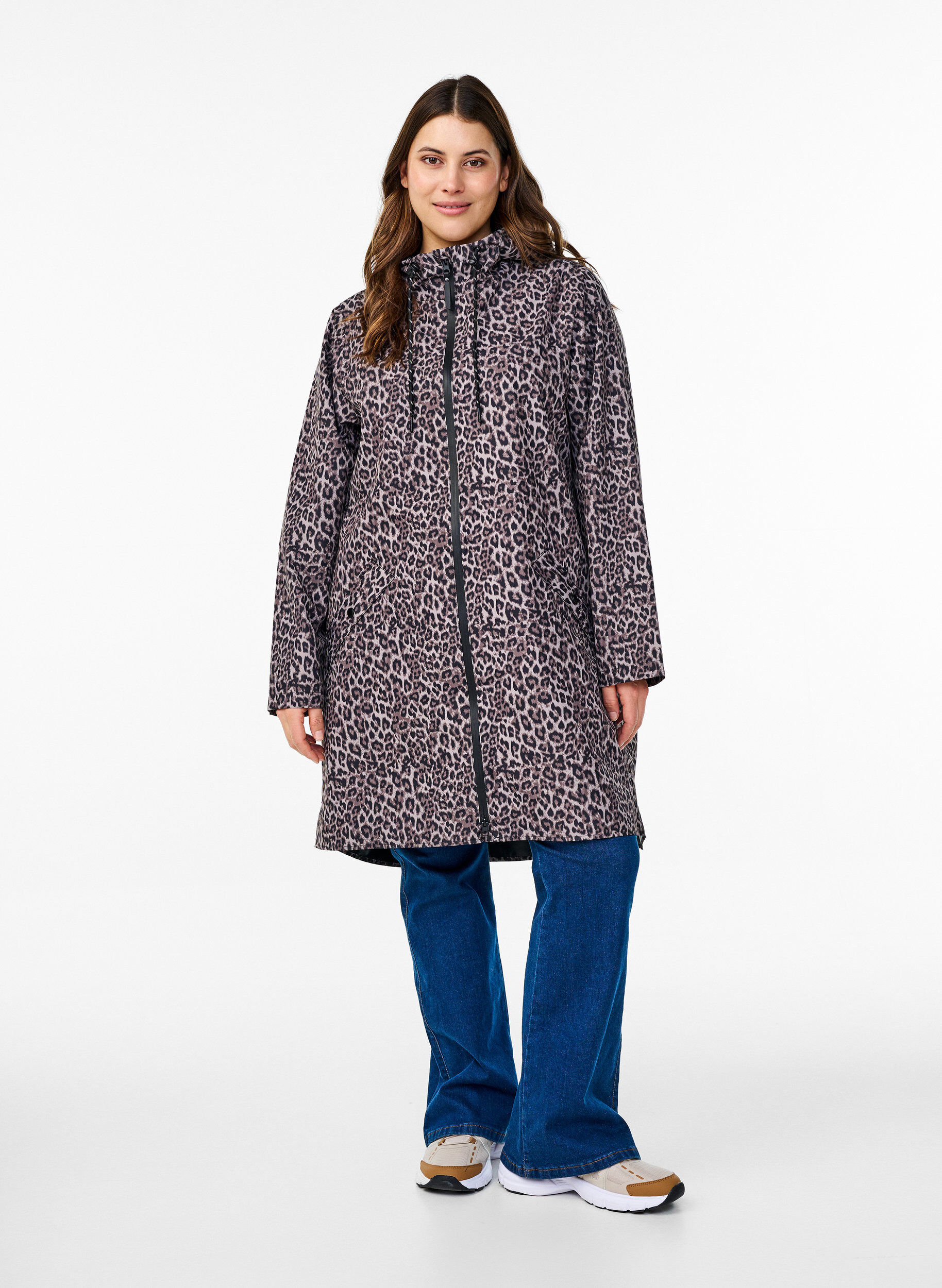 Zizzi Regnkappa med fickor och huva, Brun, Model image number 1