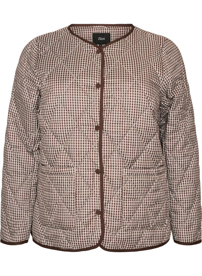 Quiltad jacka med sm&aring; rutor och kontrastkant, Brun, Packshot image number 0