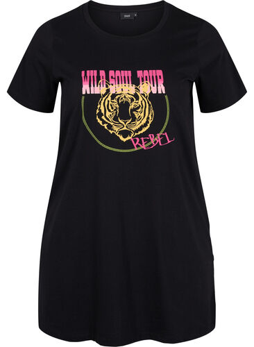 Lång t-shirt i bomull med korta ärmar, Black Tiger, Packshot image number 0