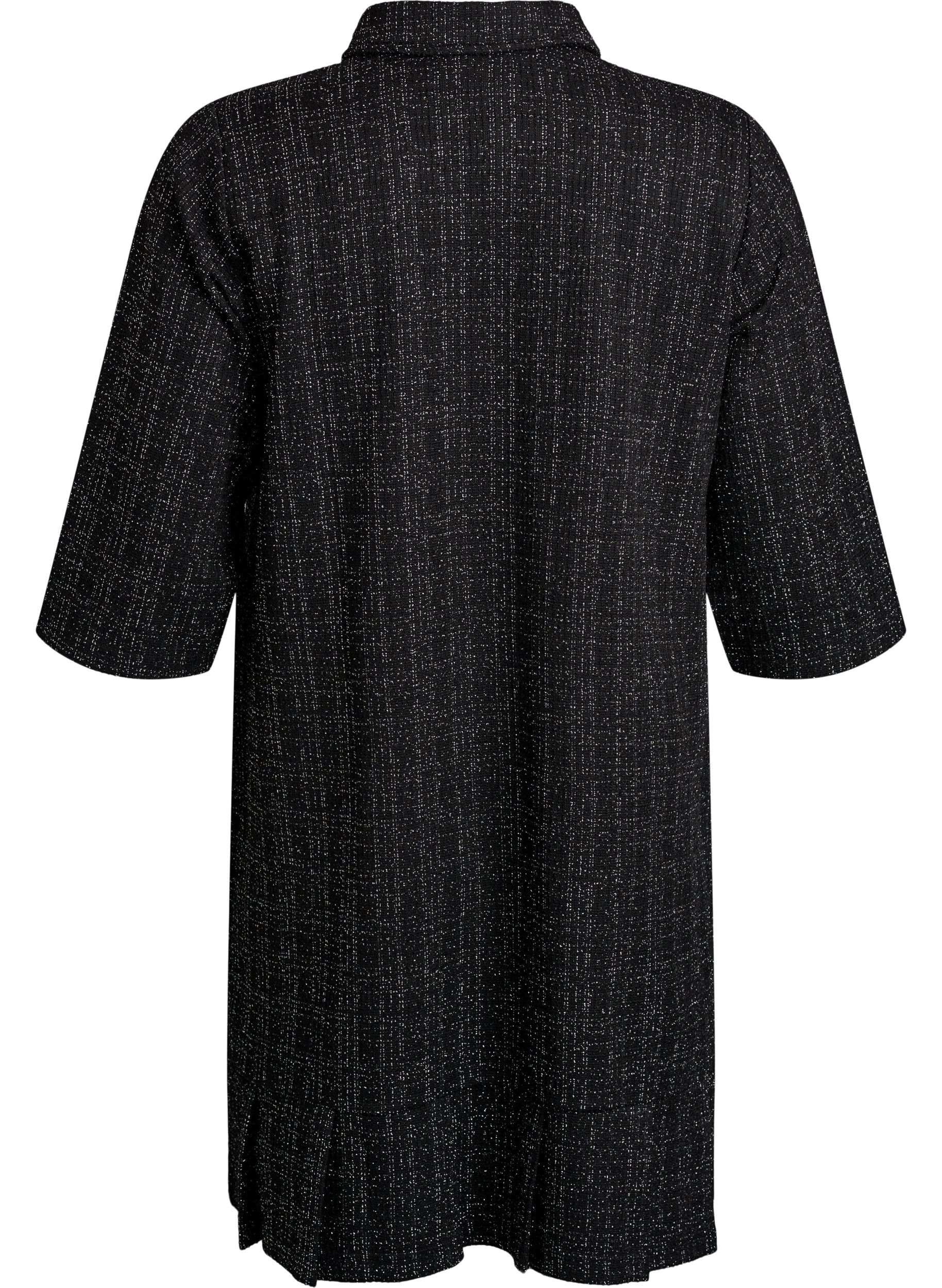 ZizziKort kl&auml;nning i boucl&eacute; med dekorativa knappar, Svart, Packshot image number 1