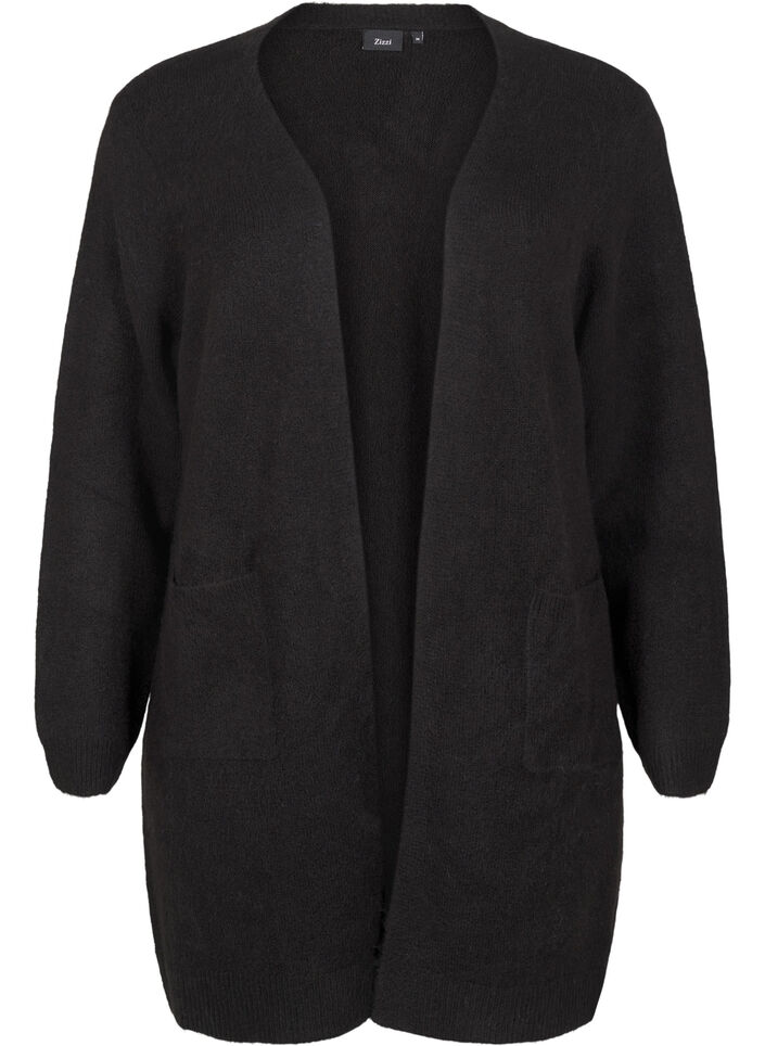 Lång stickad kofta med fickor, Svart, Packshot image number 0