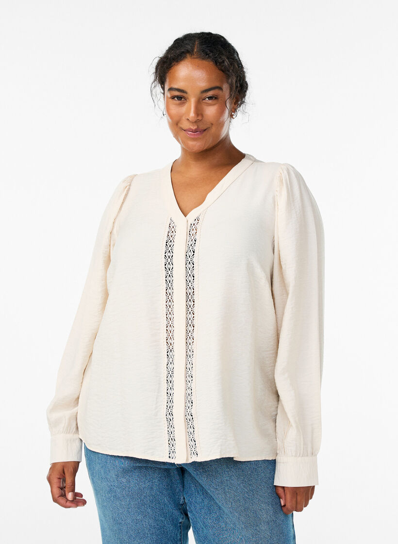 Blus med v-ringning och broderade band, Beige, Model image number 0