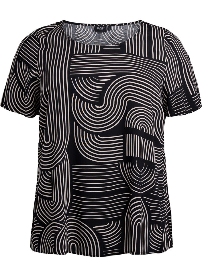 FLASH – Kortärmad viskosblus med tryck, Svart, Packshot image number 0