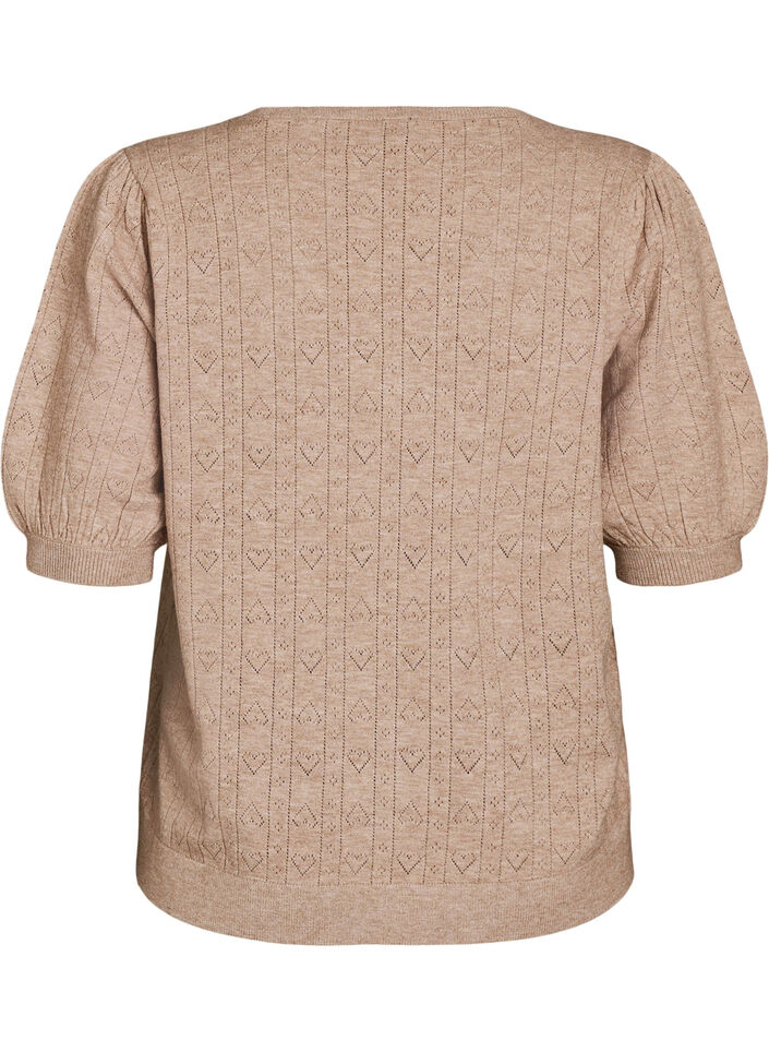 Kort&auml;rmad stickad blus med pointellem&ouml;nster, Beige, Packshot image number 1