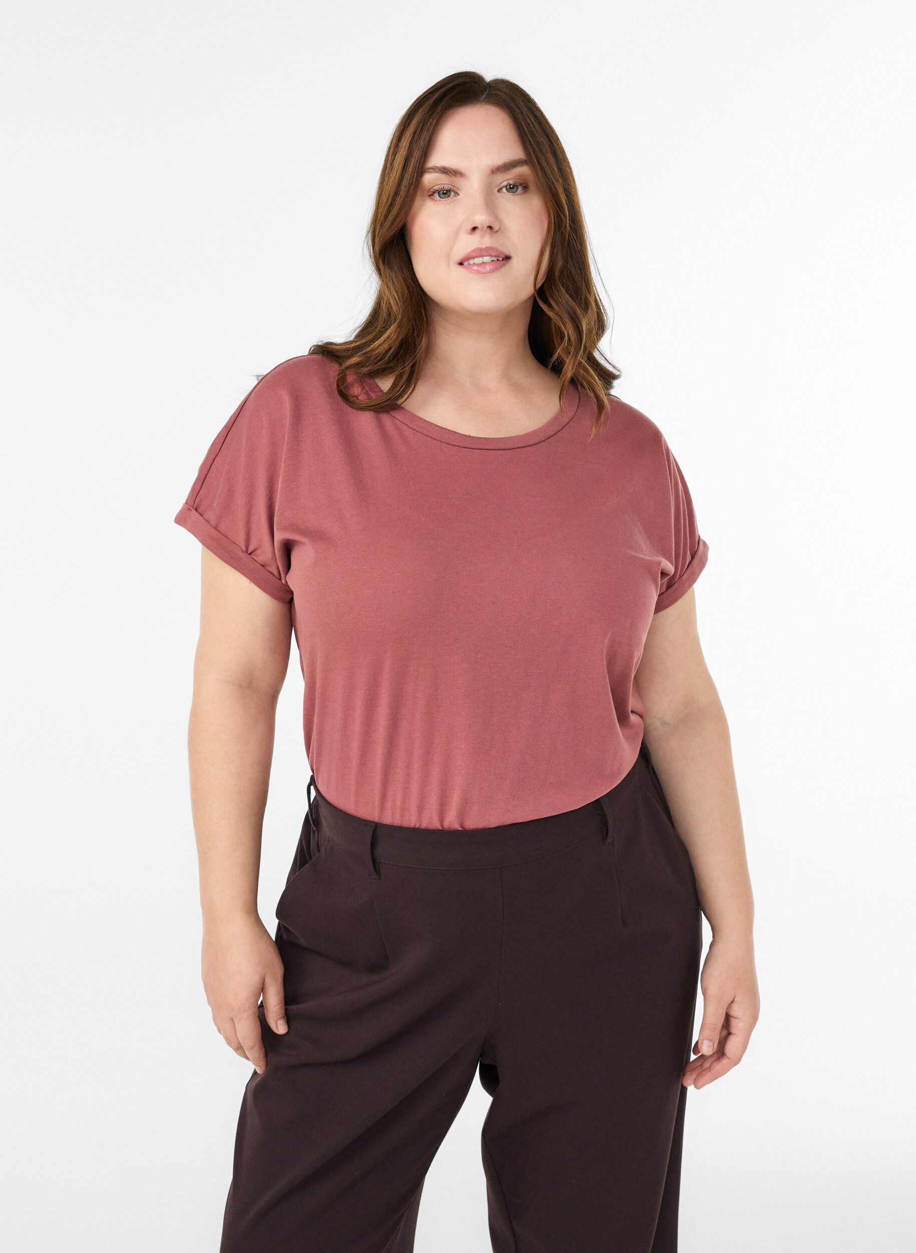 Kort&auml;rmad t-shirt i bomullsblandning, Rosa, Model