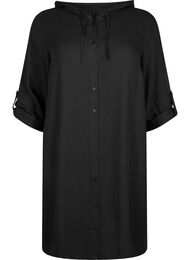 Skjortklänning i viskos med luva och trekvartsärmar, Black