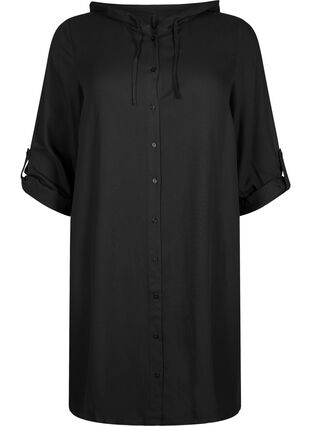 Skjortklänning i viskos med luva och trekvartsärmar, Black, Packshot image number 0