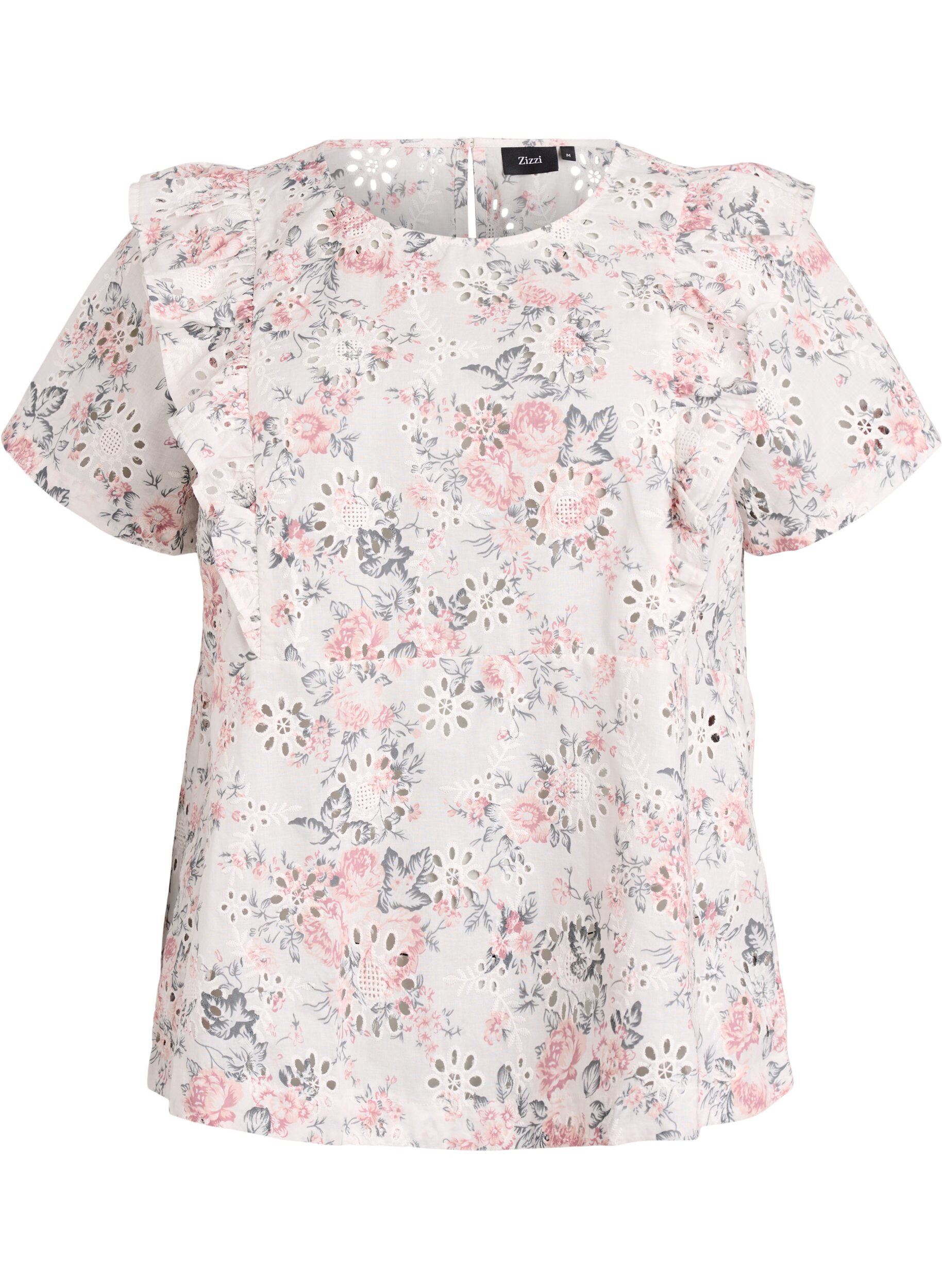ZizziBlus i bomull med broderie anglaise och volanger, Rosa, Packshot image number 0
