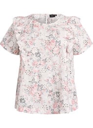 Blus i bomull med broderie anglaise och volanger, Rosa