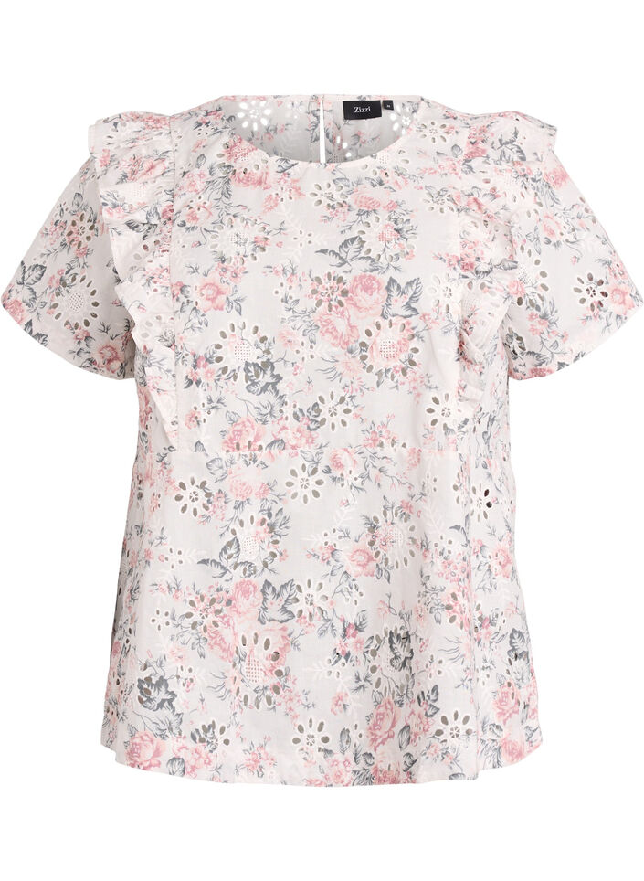 Blus i bomull med broderie anglaise och volanger, Rosa, Packshot image number 0